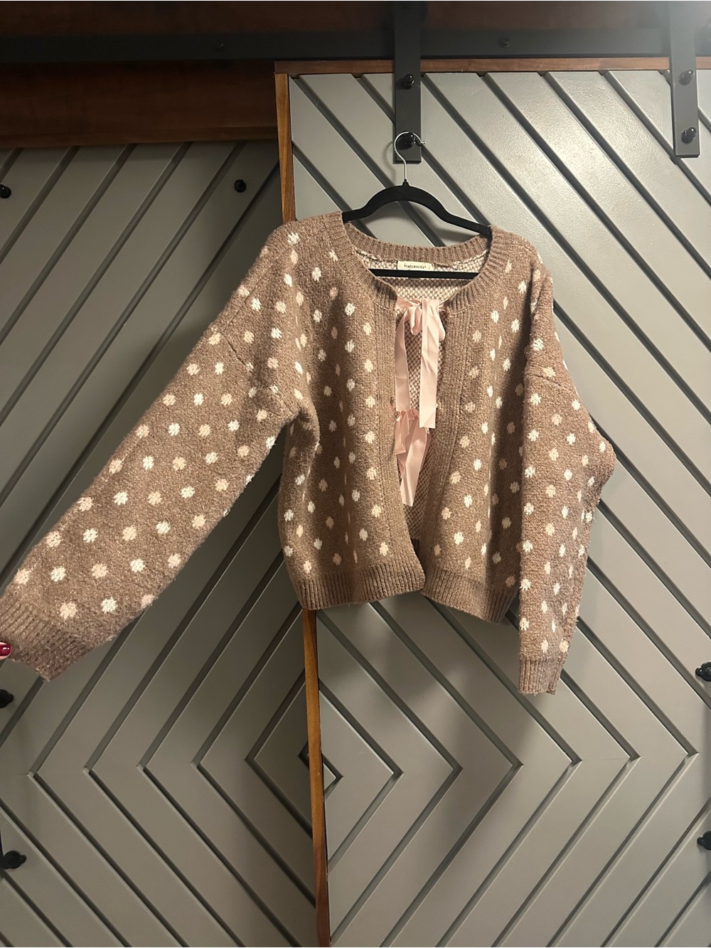 Francesca's Collections Blush Polka Dot Ribbon-Front Cardigan